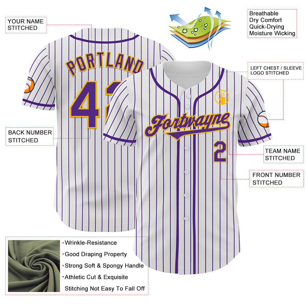Custom White Purple Pinstripe Gold Authentic Baseball Jersey view 3