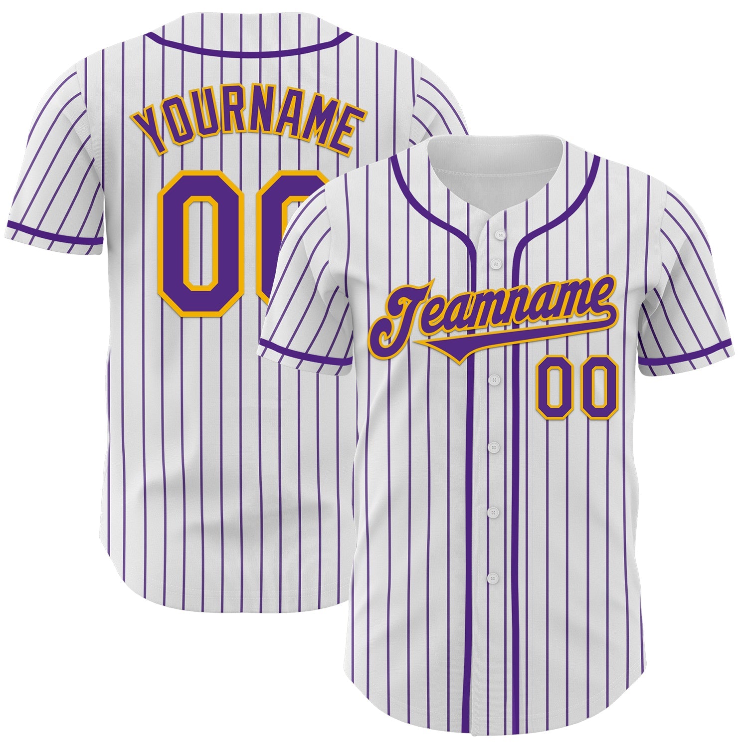 Custom White Purple Pinstripe Gold Authentic Baseball Jersey - Main View