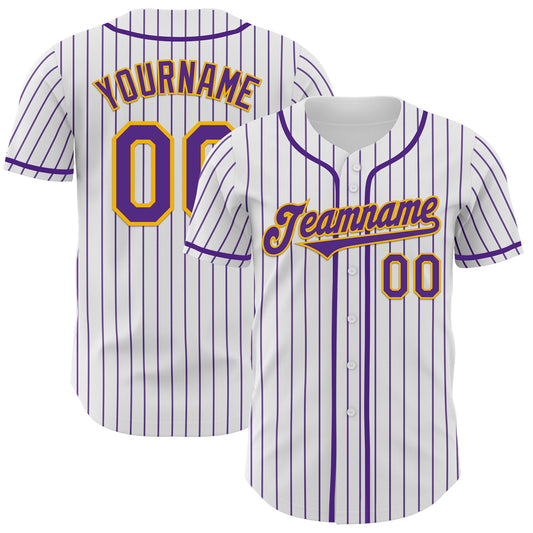 Custom White Purple Pinstripe Gold Authentic Baseball Jersey - Main View