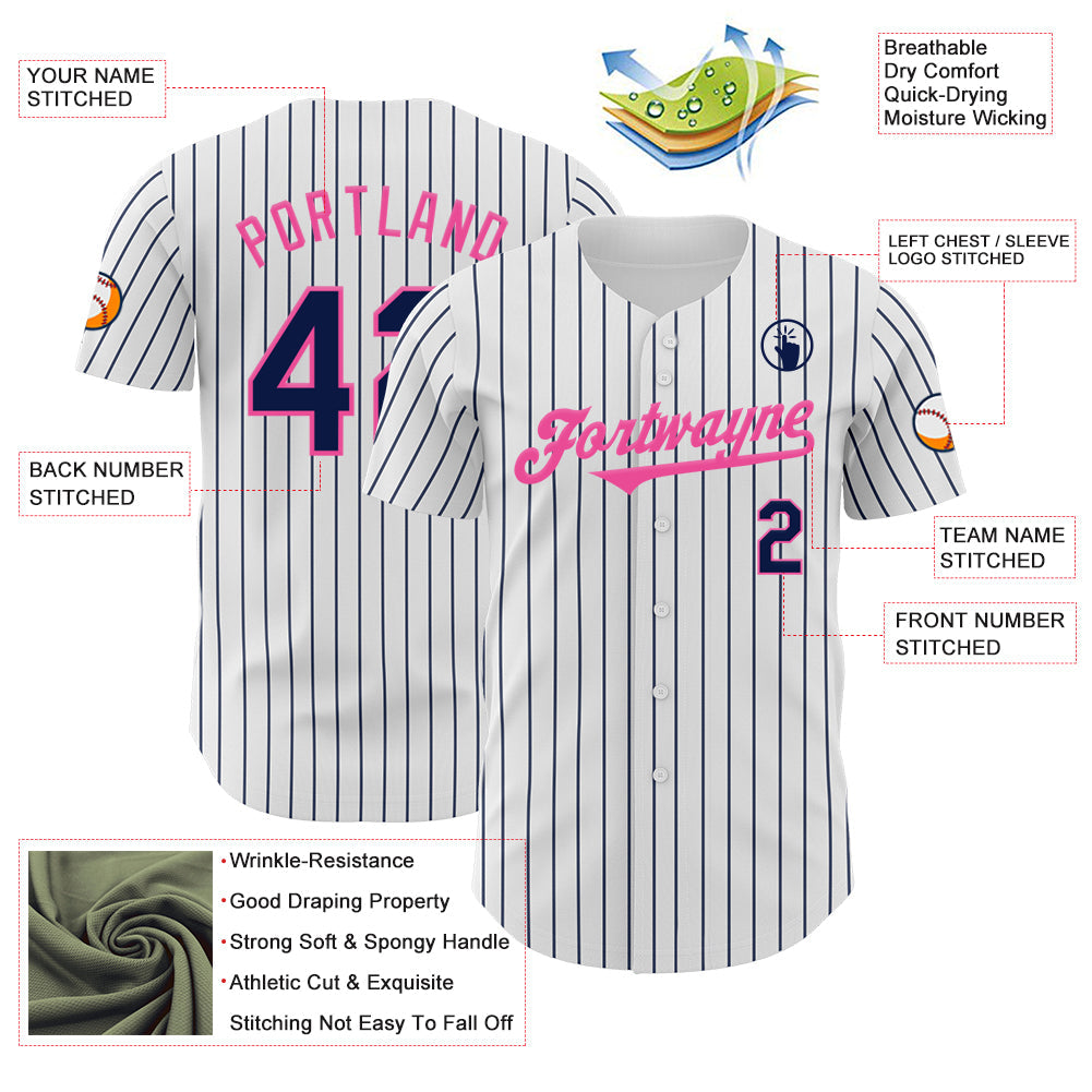 Custom White Navy Pinstripe Pink Authentic Baseball Jersey view 3