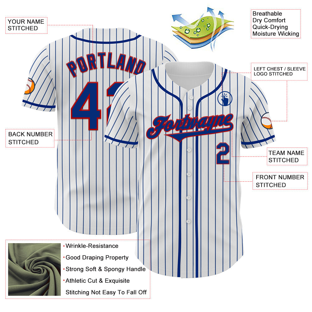 Custom White Royal Pinstripe Red Authentic Baseball Jersey view 3
