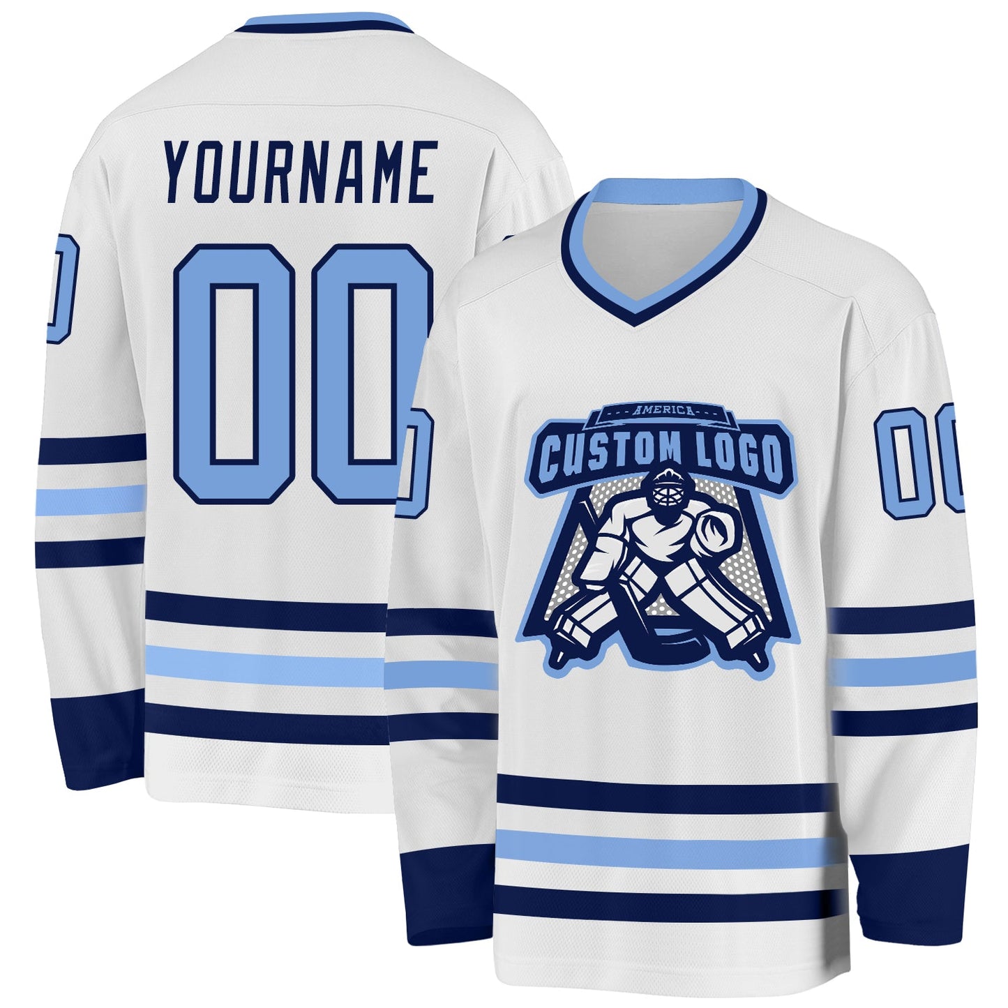 Custom White Light Blue-Navy Hockey Jersey view 2