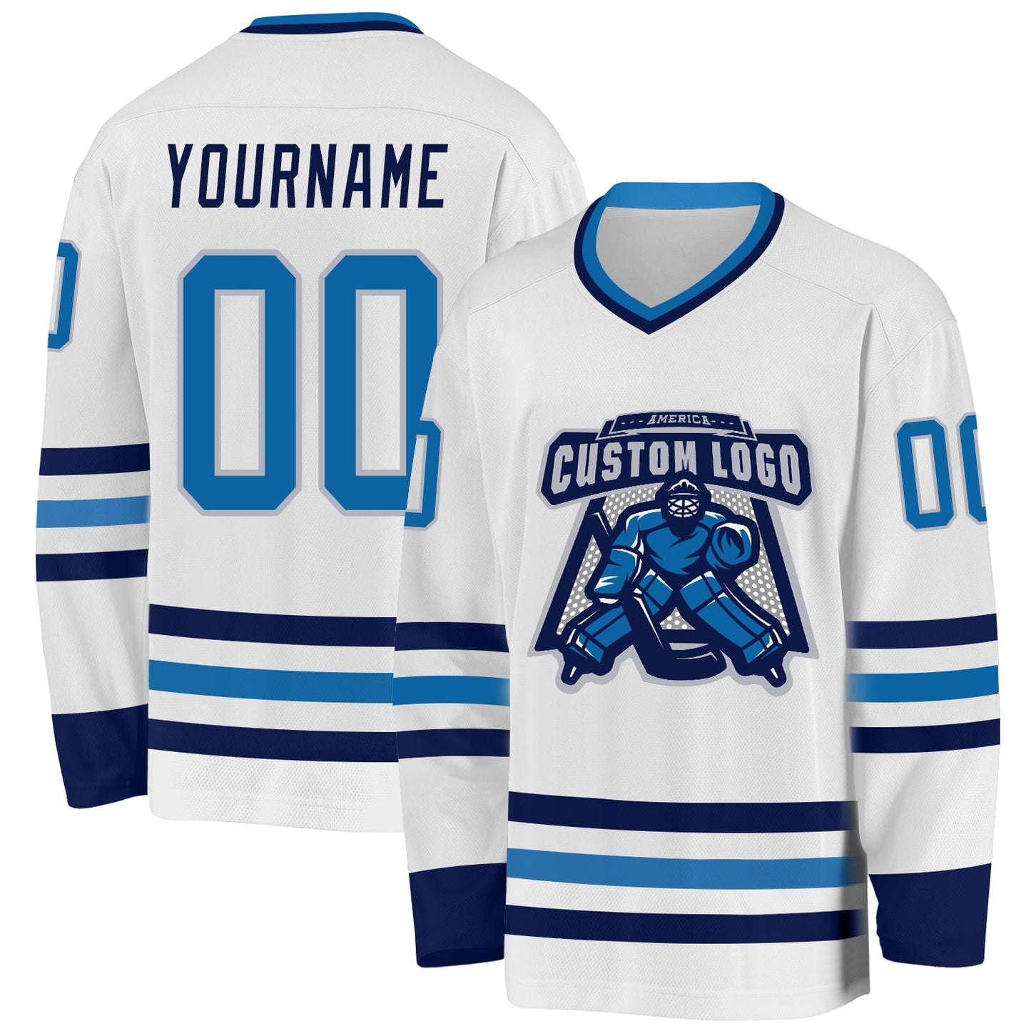 Custom White Blue Navy-Gray Hockey Jersey view 2