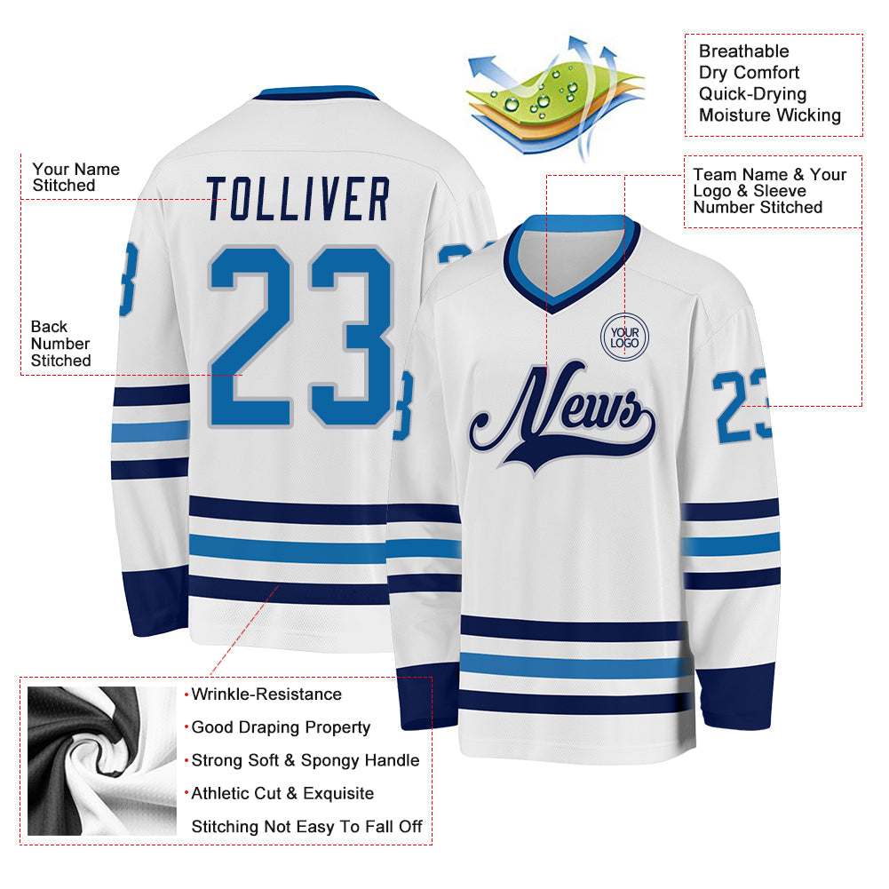 Custom White Blue Navy-Gray Hockey Jersey view 3