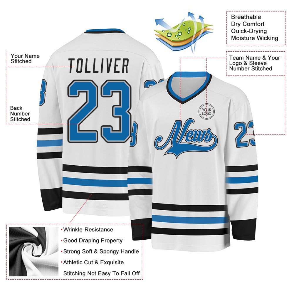 Custom White Blue Gray-Black Hockey Jersey view 3