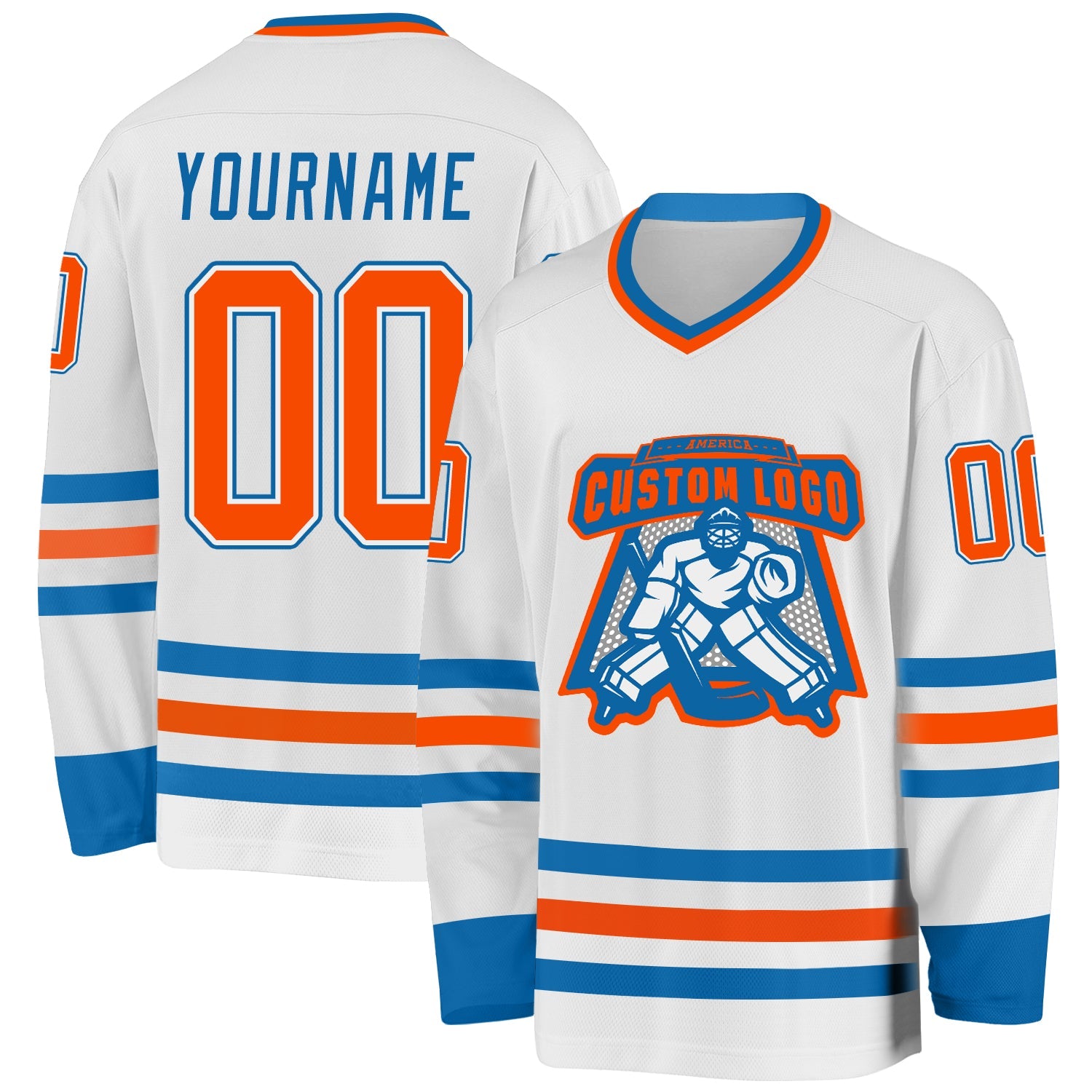 Custom White Orange-Blue Hockey Jersey view 2
