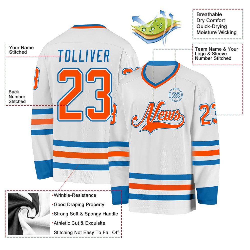Custom White Orange-Blue Hockey Jersey view 3