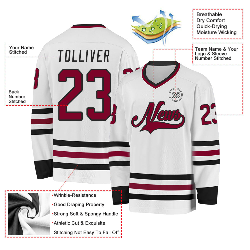 Custom White Maroon-Black Hockey Jersey view 3