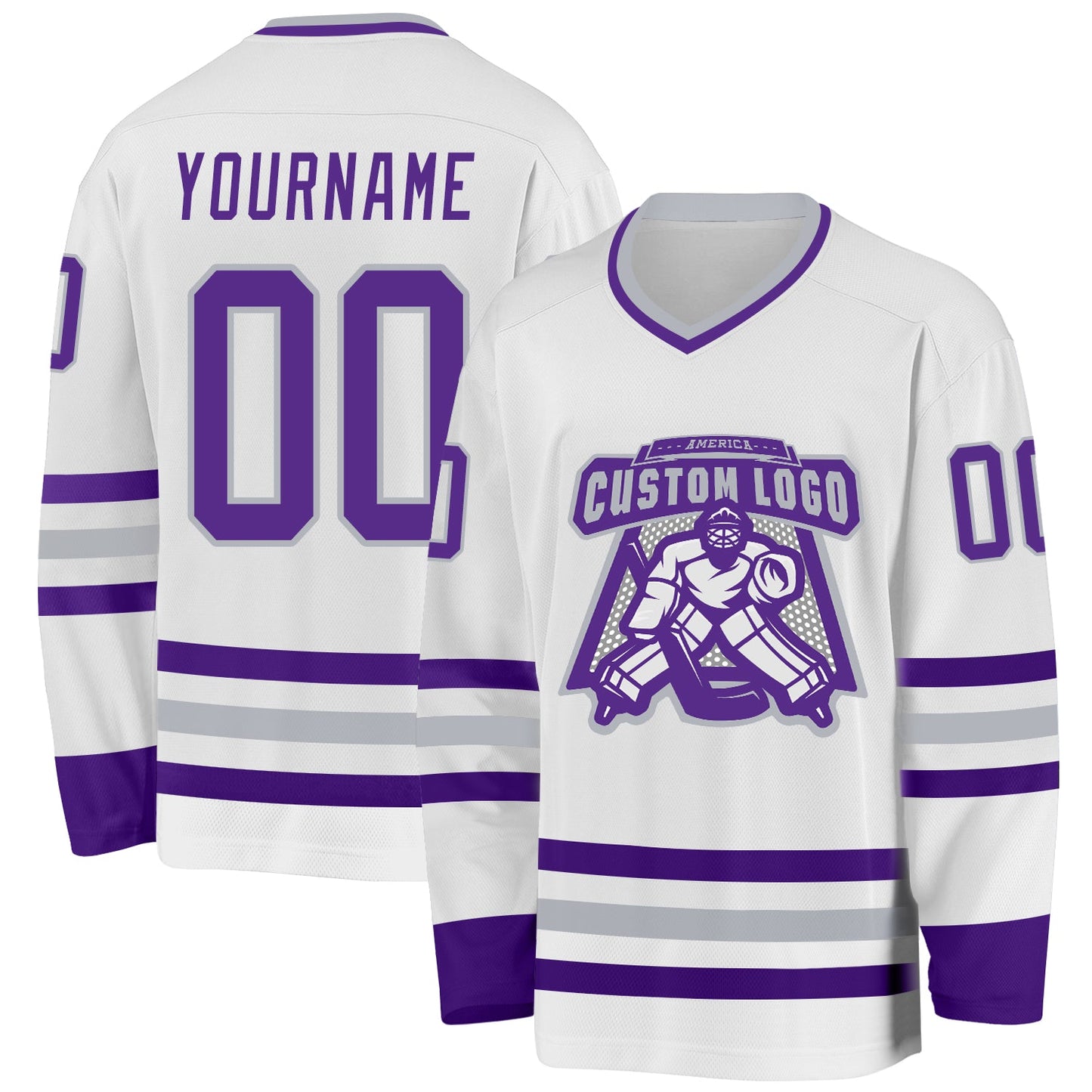 Custom White Purple-Gray Hockey Jersey view 2