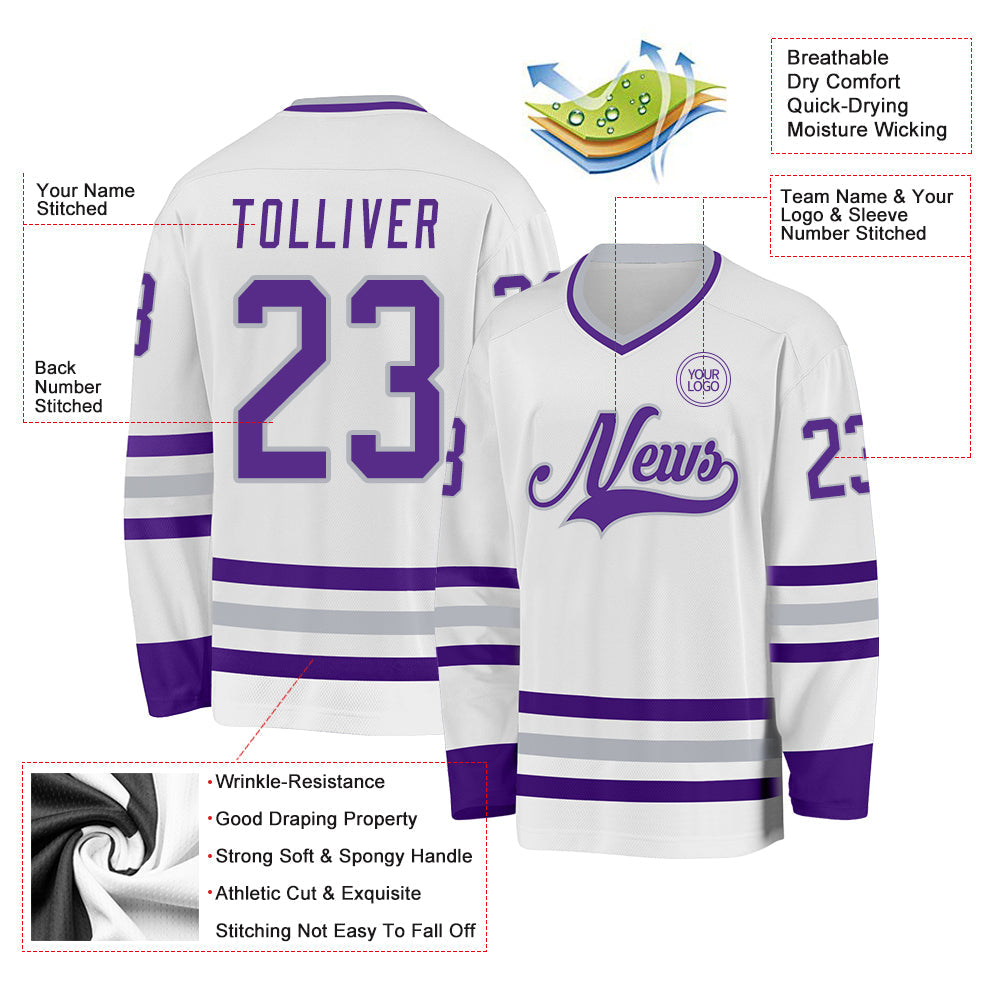 Custom White Purple-Gray Hockey Jersey view 3
