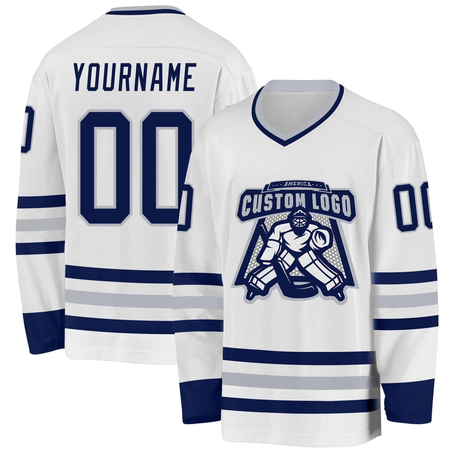 Custom White Navy-Gray Hockey Jersey view 2
