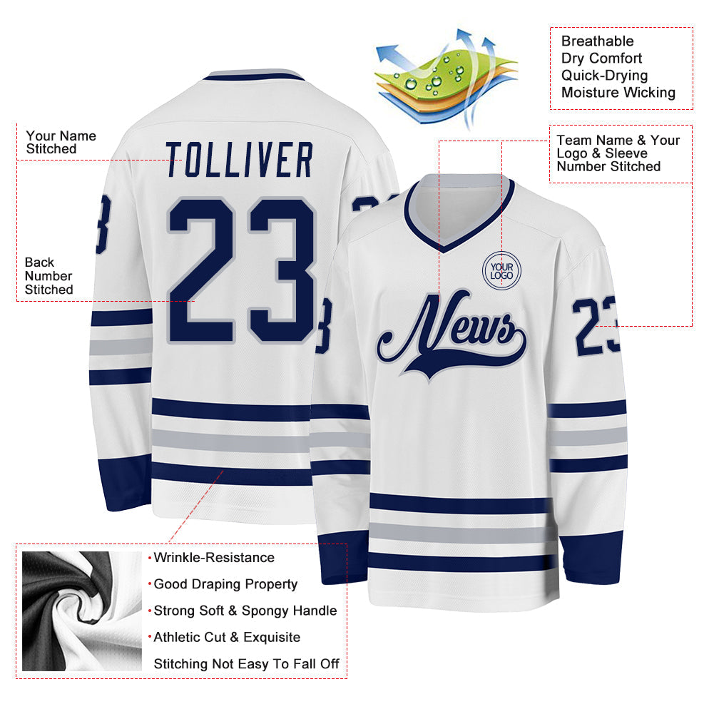 Custom White Navy-Gray Hockey Jersey view 3