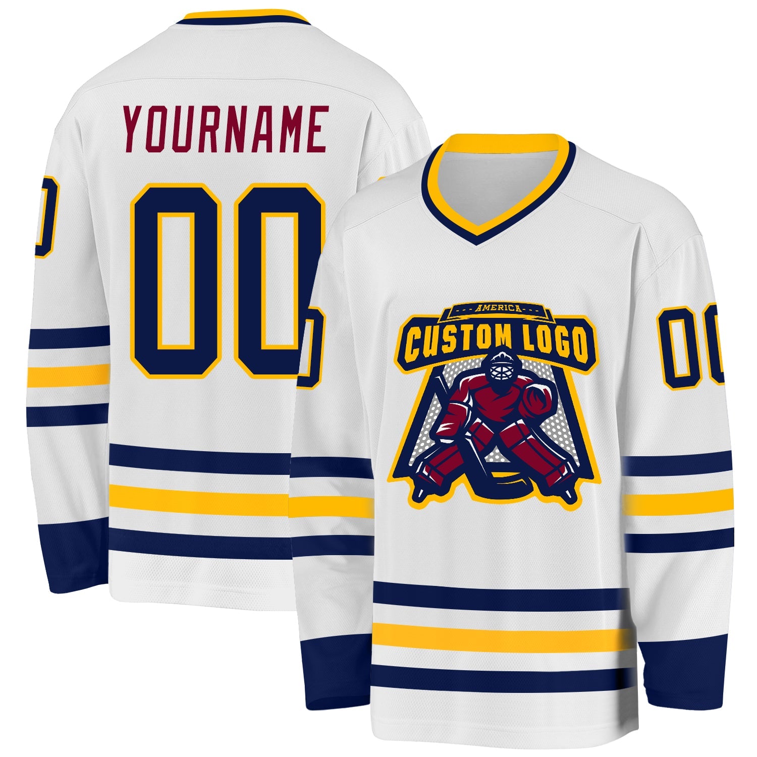 Custom White Navy Gold-Maroon Hockey Jersey view 2