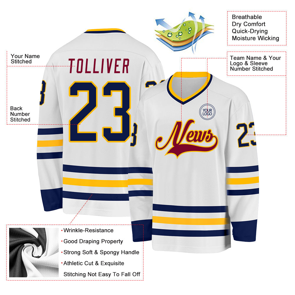 Custom White Navy Gold-Maroon Hockey Jersey view 3
