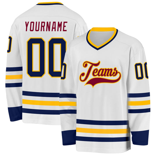 Custom White Navy Gold-Maroon Hockey Jersey - Main View