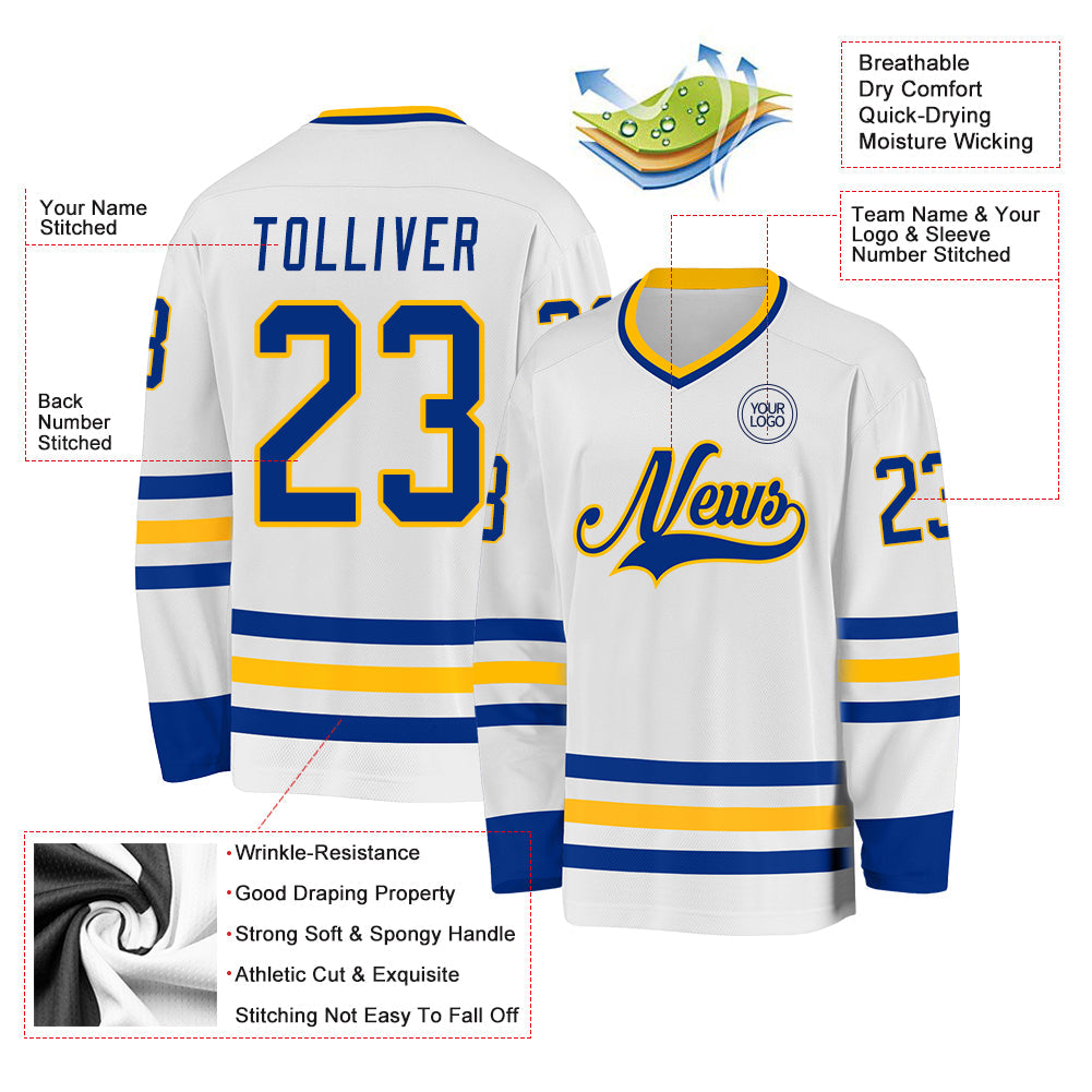 Custom White Royal-Gold Hockey Jersey view 3