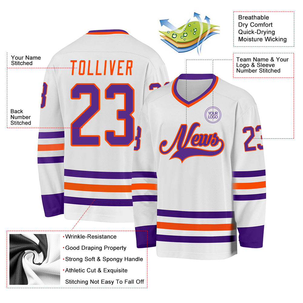 Custom White Purple-Orange Hockey Jersey view 3