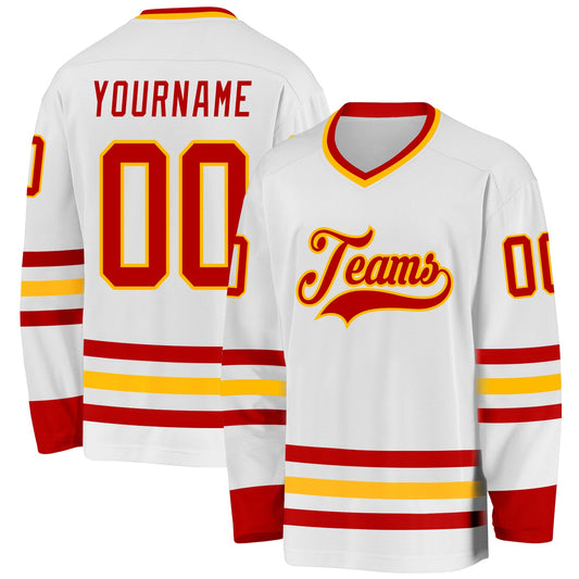 Custom White Red-Gold Hockey Jersey - Main View