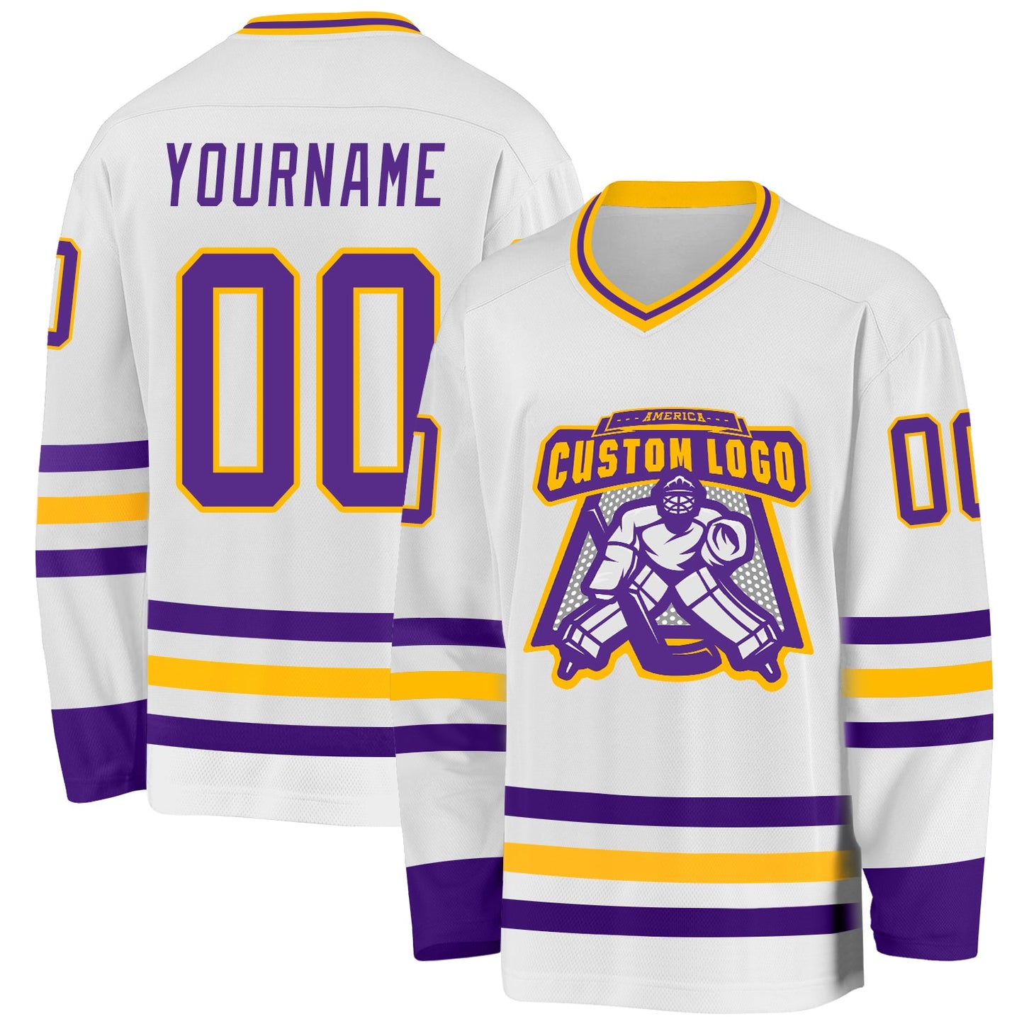 Custom White Purple-Gold Hockey Jersey view 2