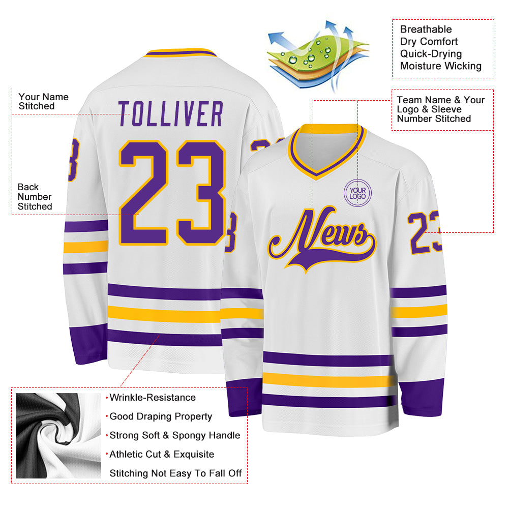 Custom White Purple-Gold Hockey Jersey view 3