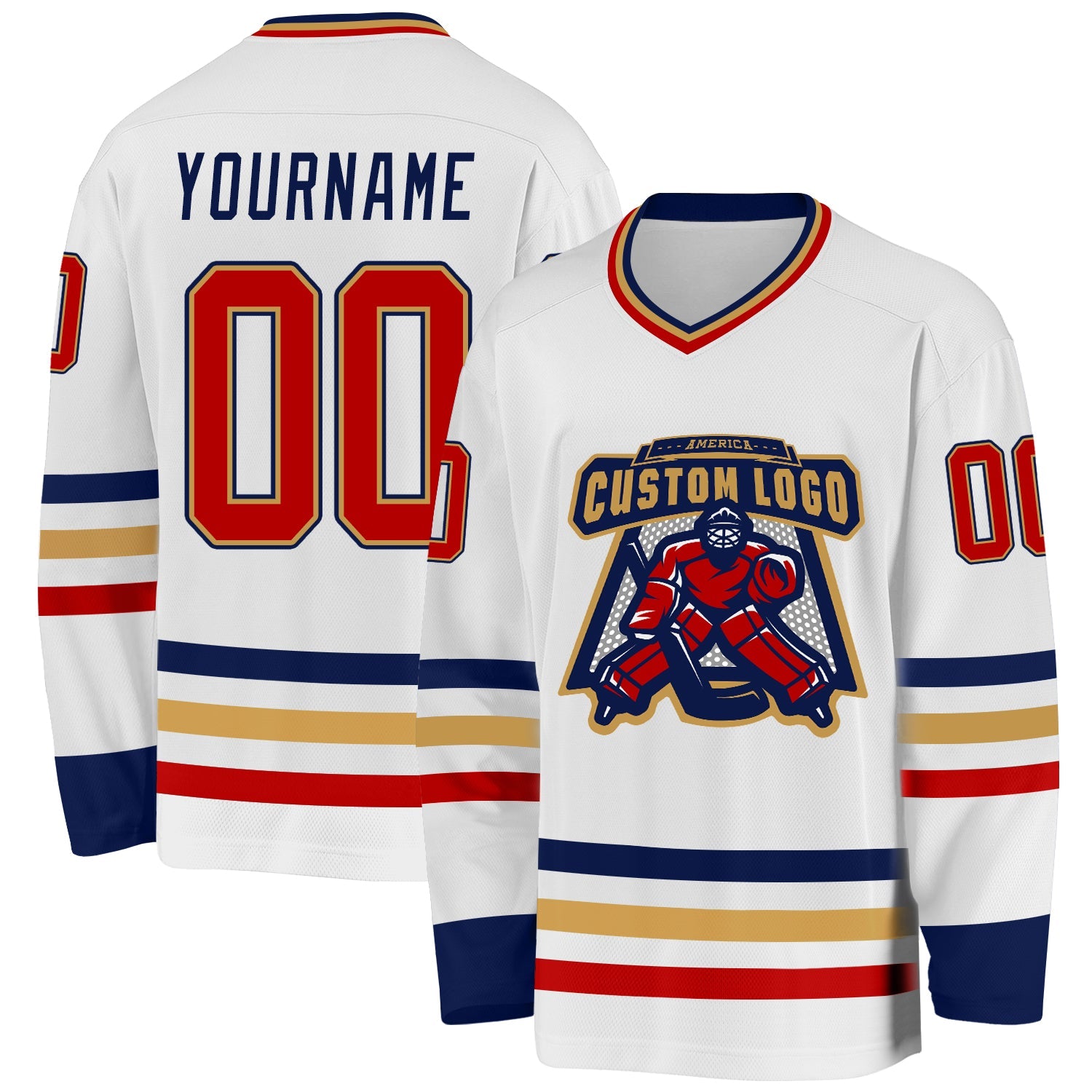 Custom White Red Old Gold-Navy Hockey Jersey view 2