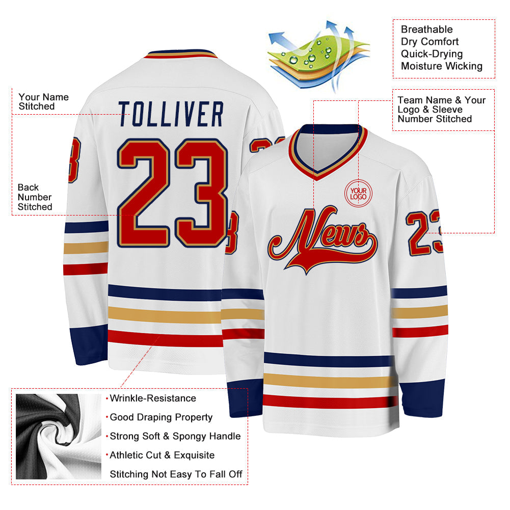 Custom White Red Old Gold-Navy Hockey Jersey view 3