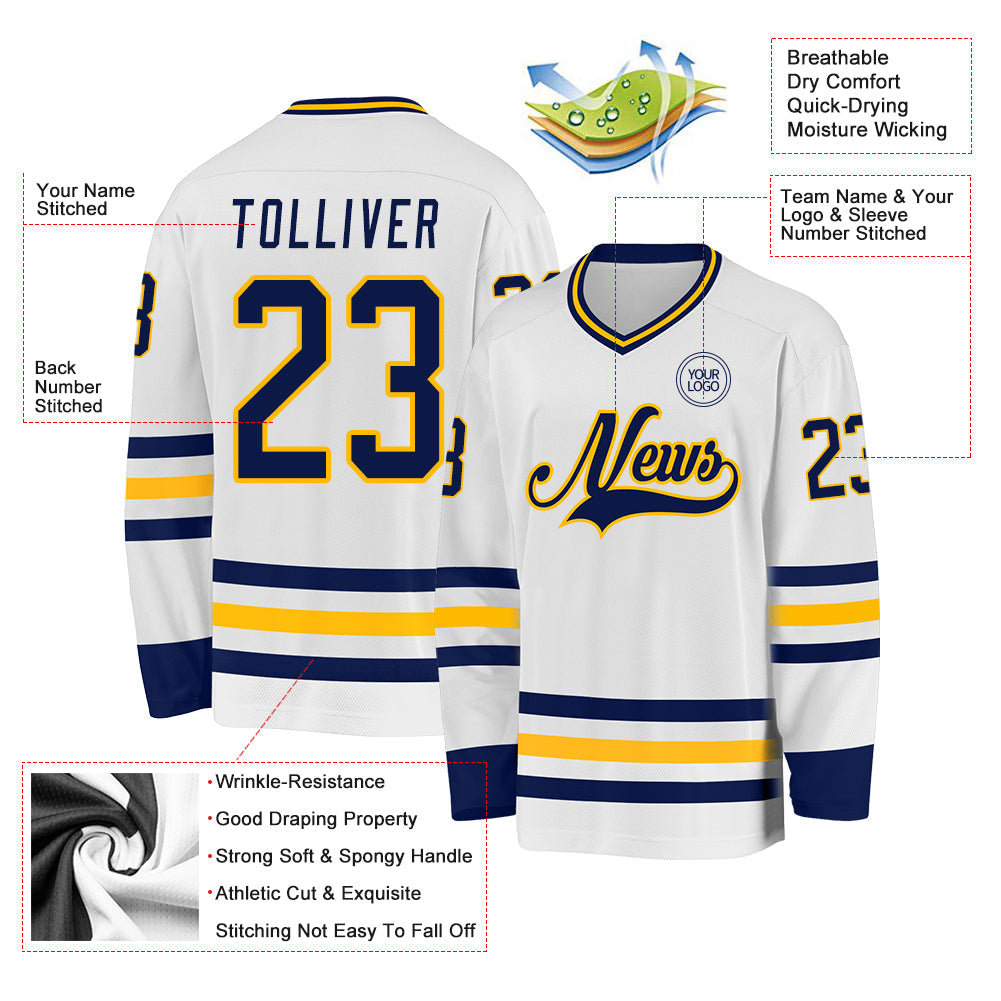 Custom White Navy-Gold Hockey Jersey view 3