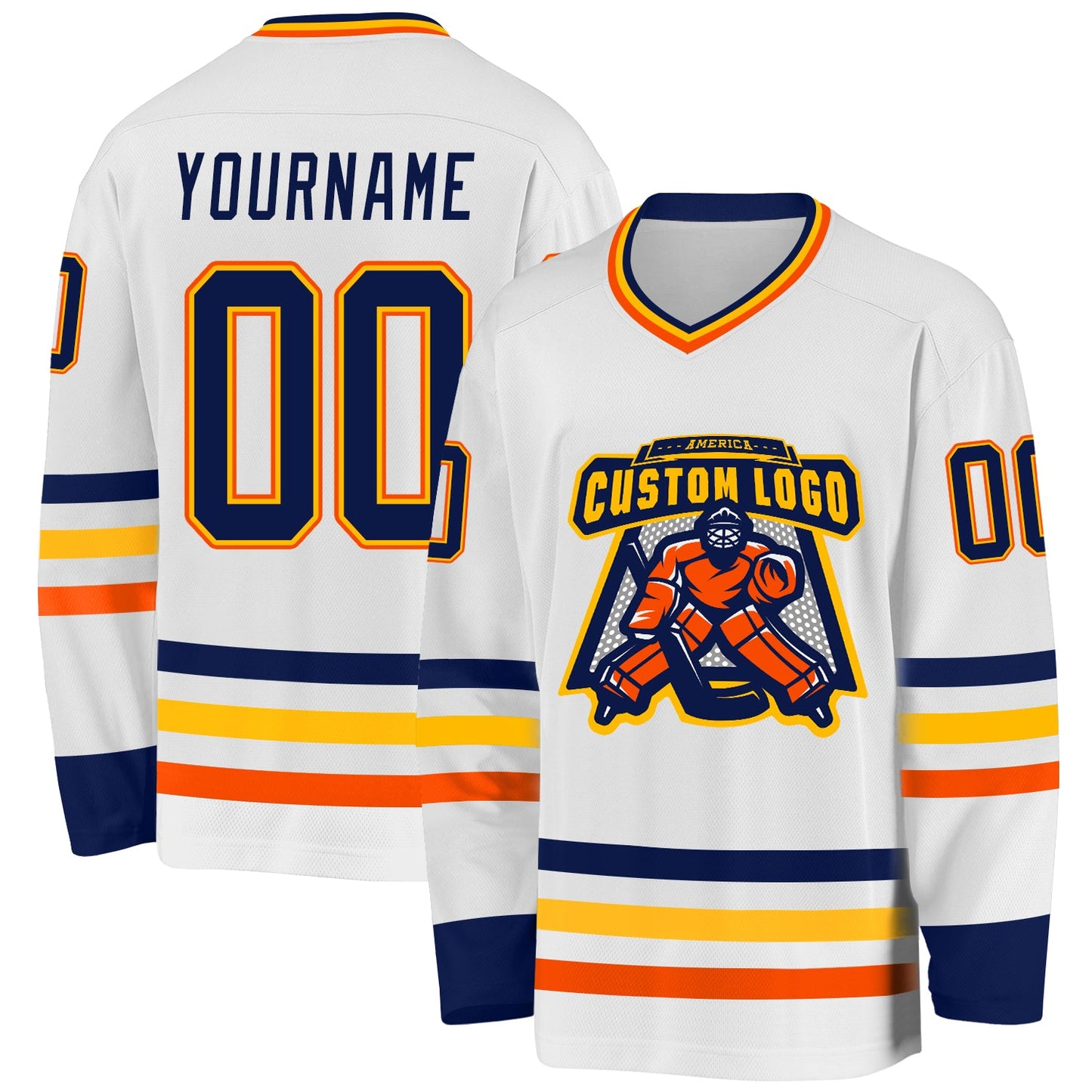Custom White Navy Gold-Orange Hockey Jersey view 2