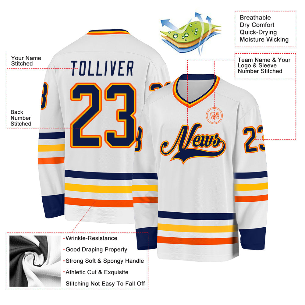 Custom White Navy Gold-Orange Hockey Jersey view 3