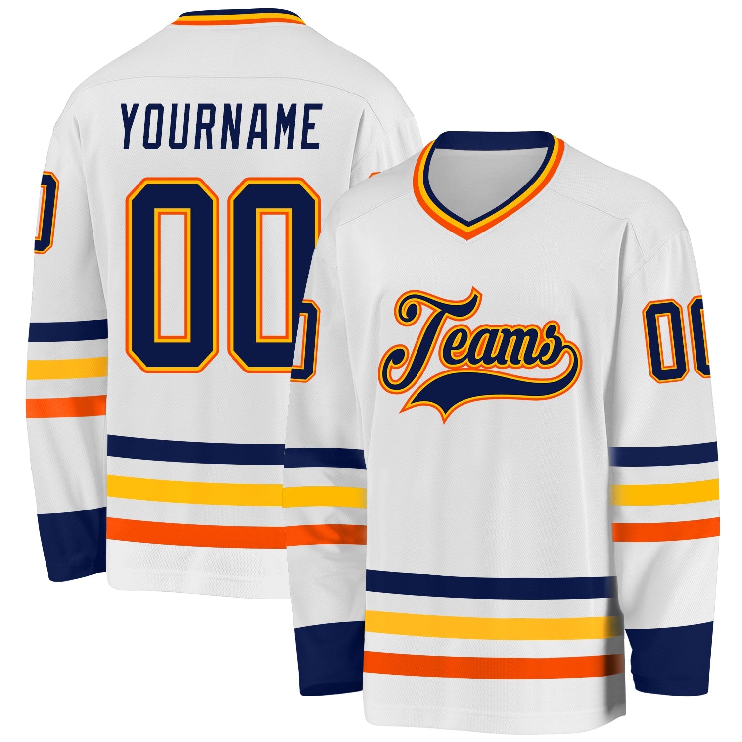 Custom White Navy Gold-Orange Hockey Jersey - Main View