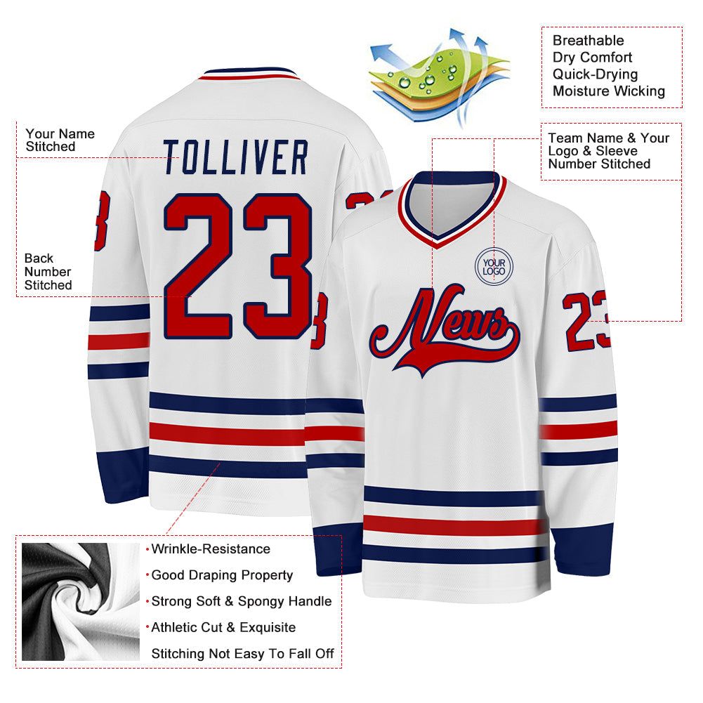 Custom White Red-Navy Hockey Jersey view 3