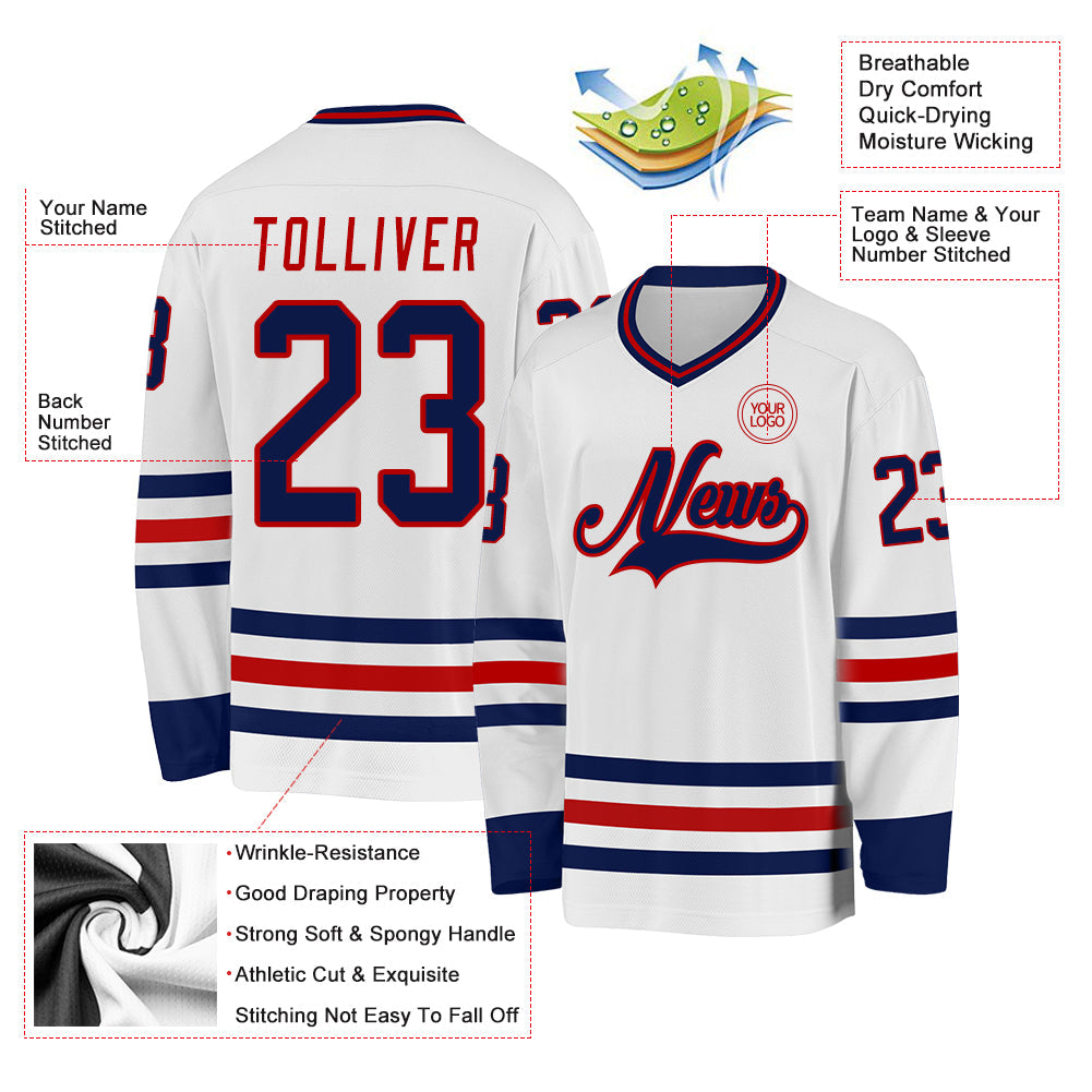 Custom White Navy-Red Hockey Jersey view 3