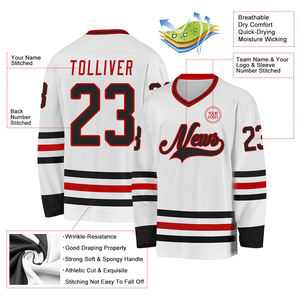 Custom White Black-Red Hockey Jersey view 3