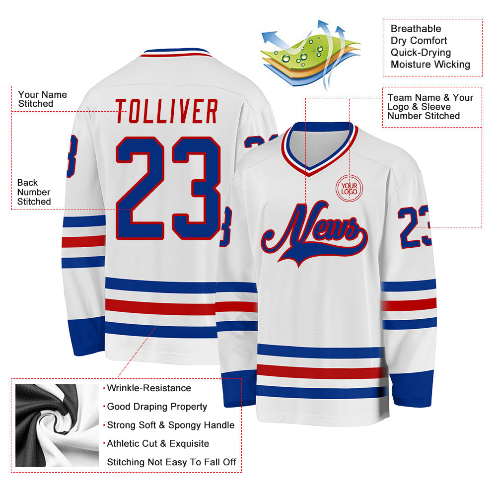 Custom White Royal-Red Hockey Jersey view 3
