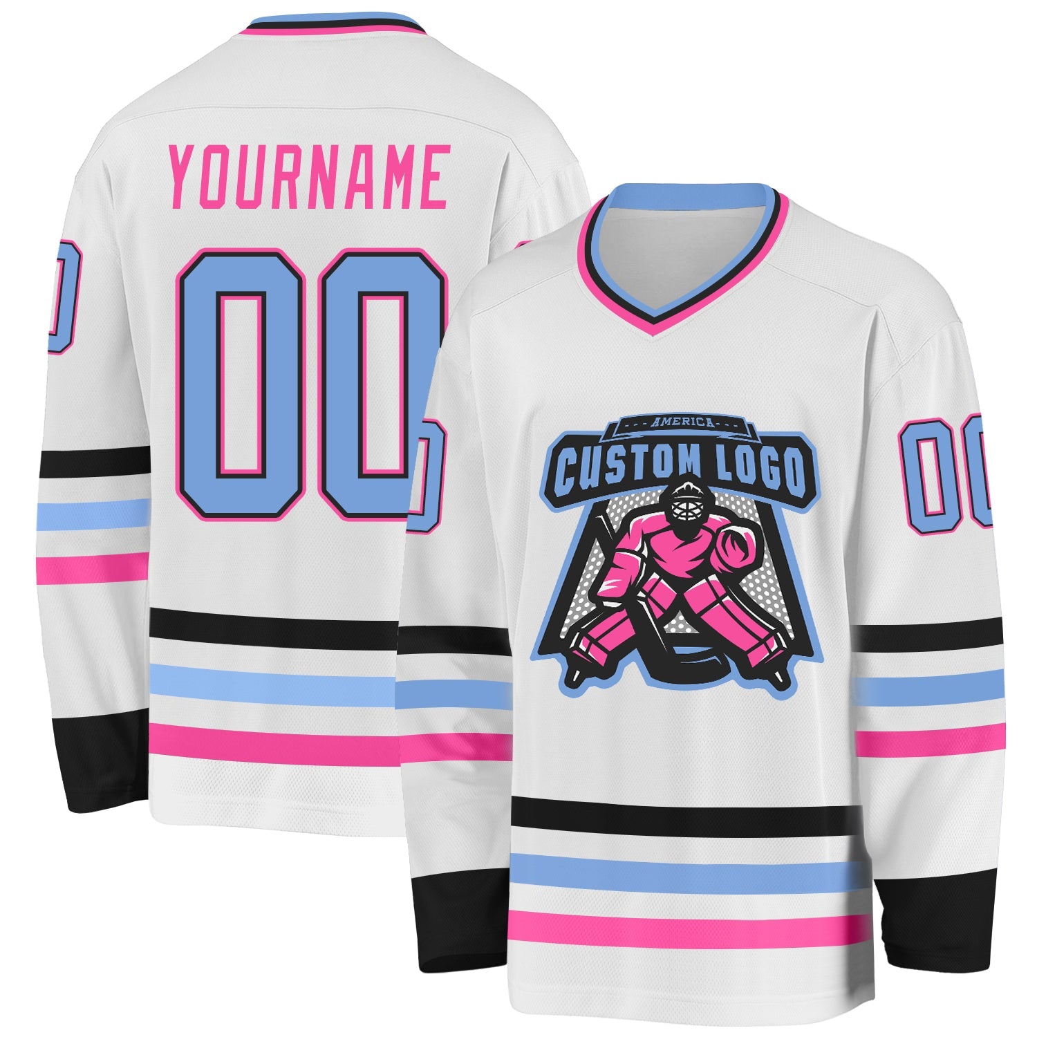 Custom White Light Blue Black-Pink Hockey Jersey view 2