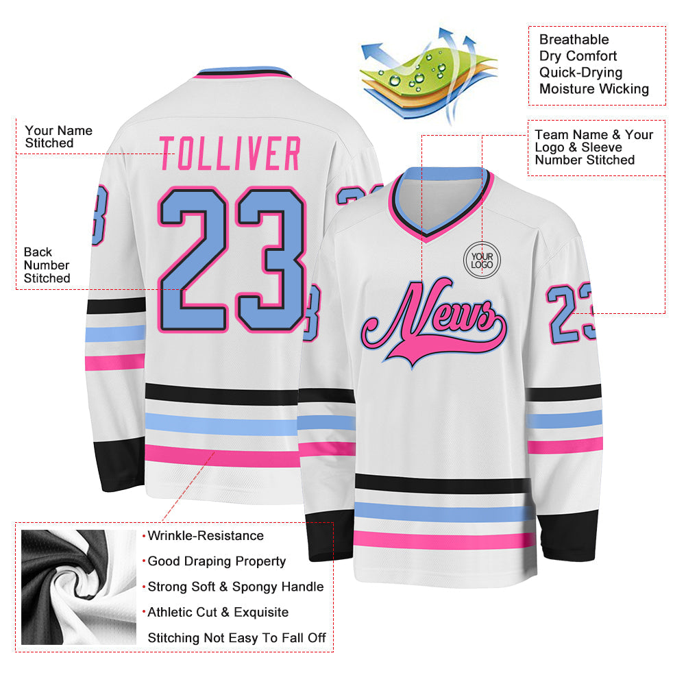 Custom White Light Blue Black-Pink Hockey Jersey view 3