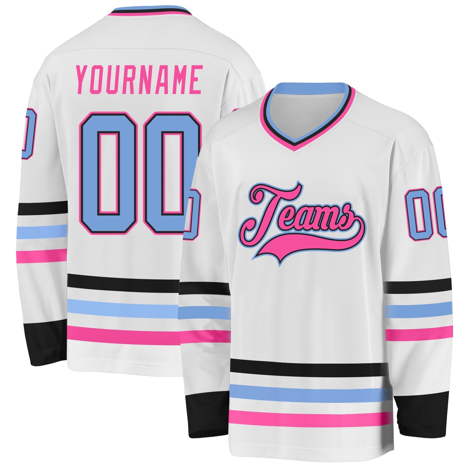 Custom White Light Blue Black-Pink Hockey Jersey - Main View