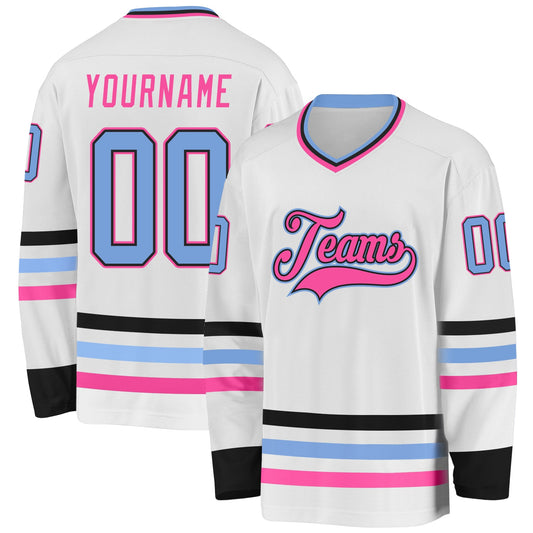 Custom White Light Blue Black-Pink Hockey Jersey - Main View