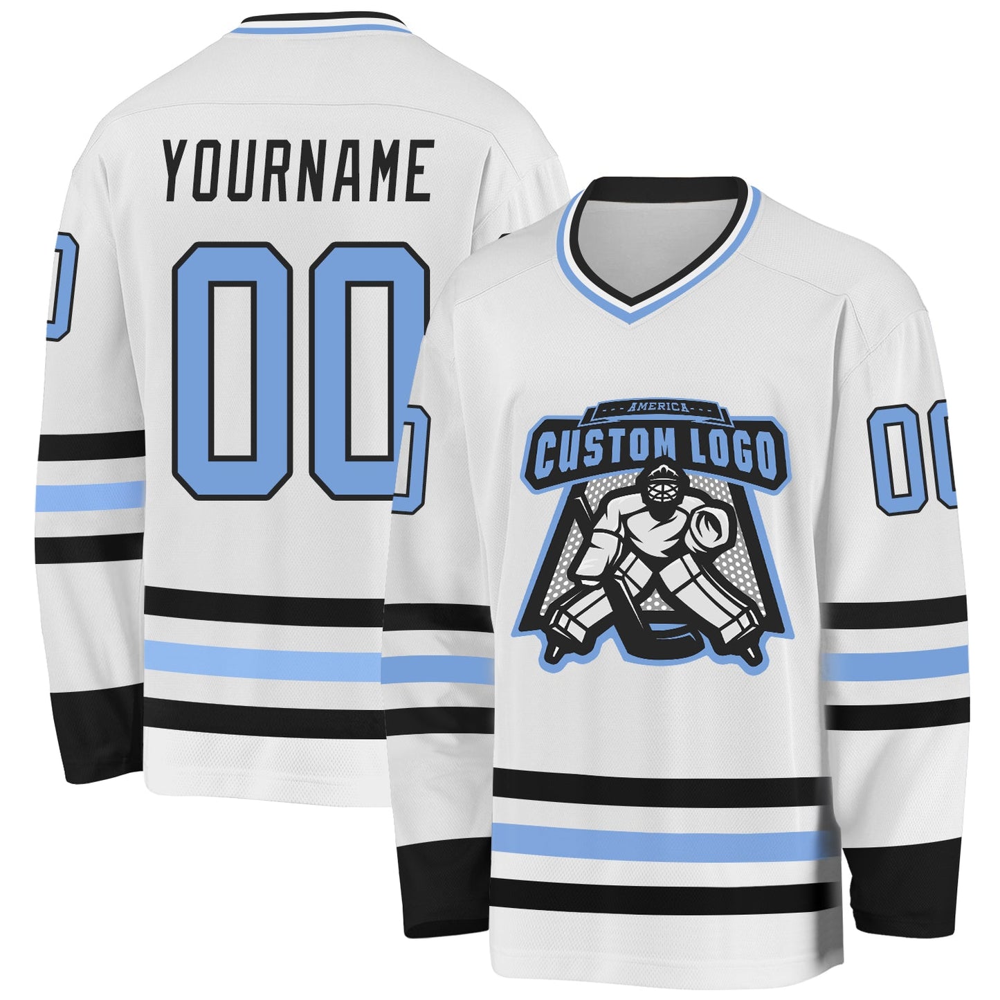 Custom White Light Blue-Black Hockey Jersey view 2