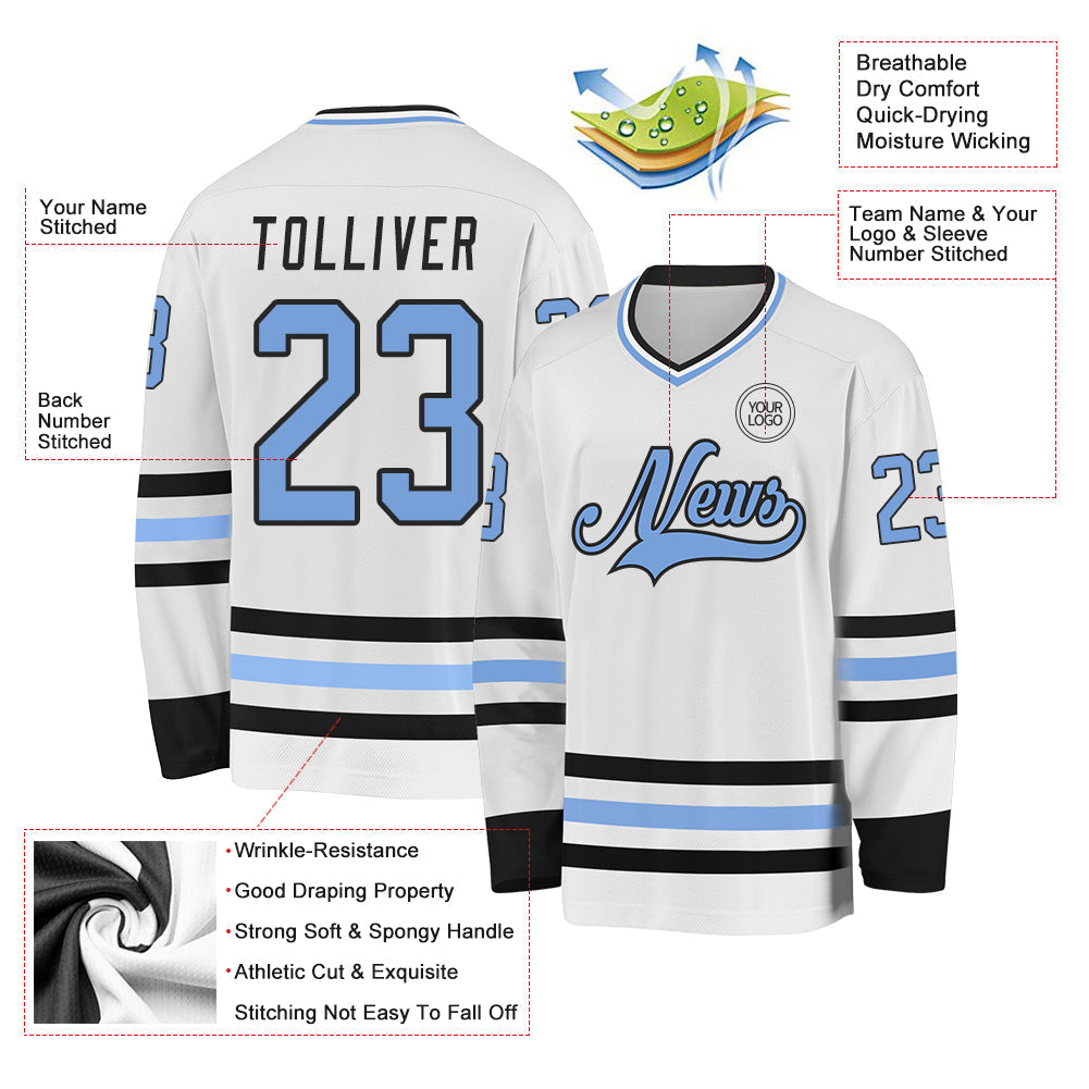 Custom White Light Blue-Black Hockey Jersey view 3