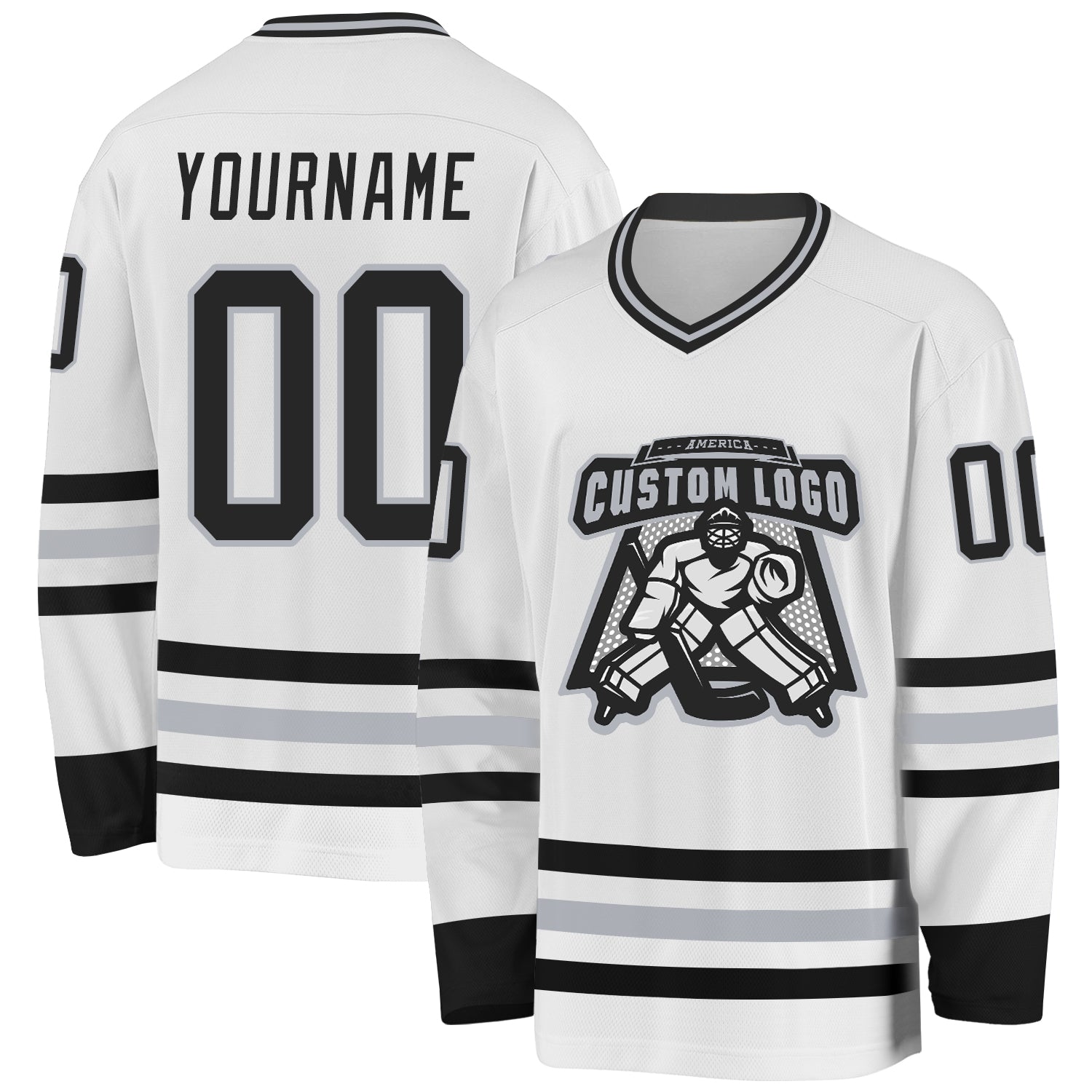Custom White Black-Gray Hockey Jersey view 2