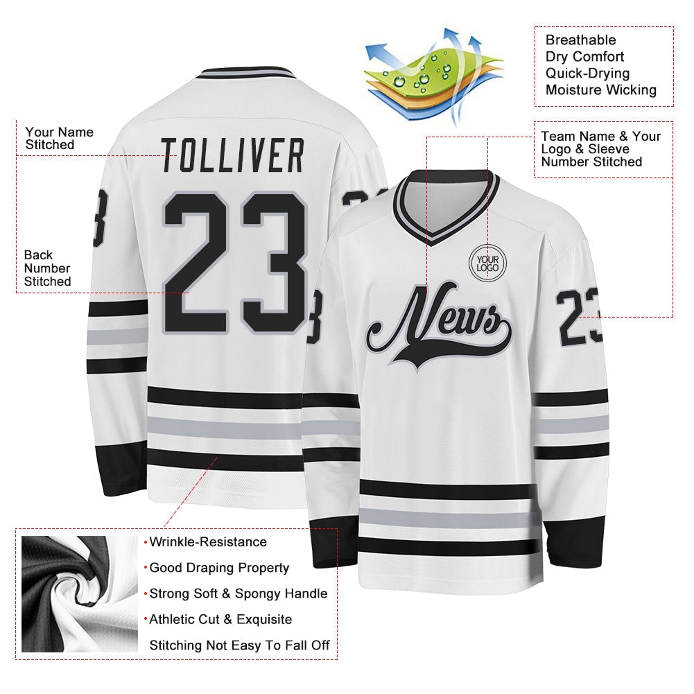 Custom White Black-Gray Hockey Jersey view 3