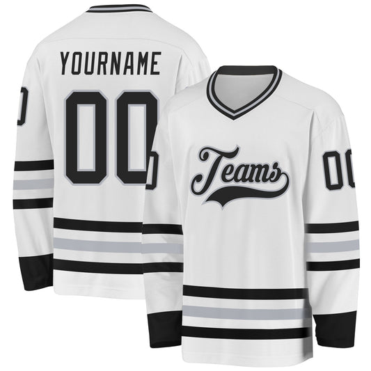 Custom White Black-Gray Hockey Jersey - Main View