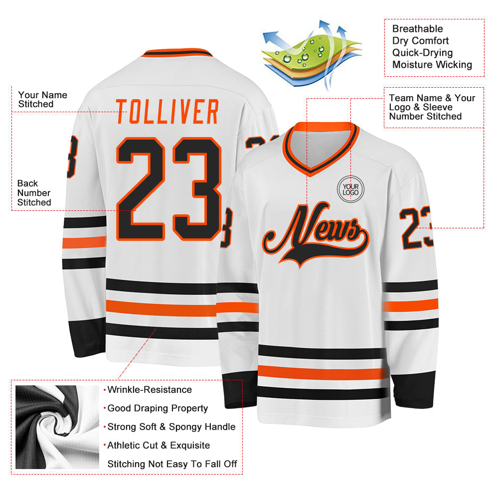 Custom White Black-Orange Hockey Jersey view 3