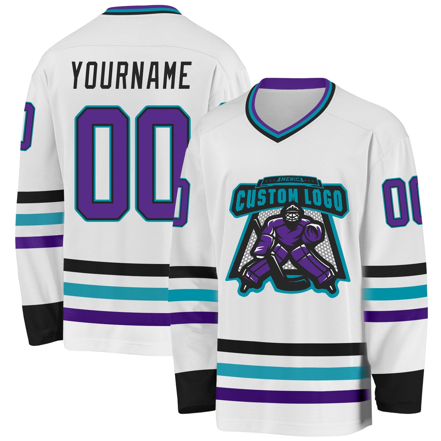 Custom White Purple Black-Teal Hockey Jersey view 2