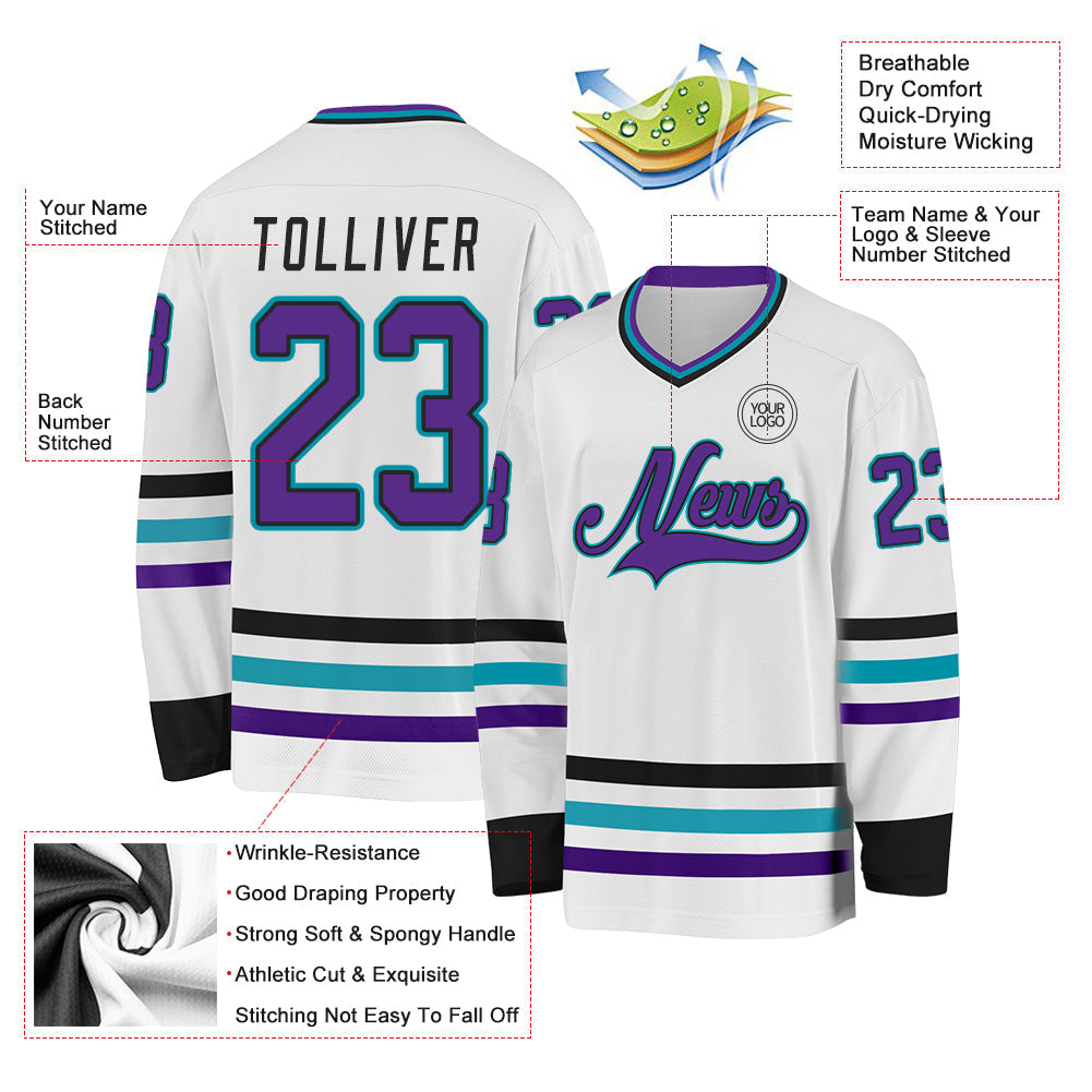 Custom White Purple Black-Teal Hockey Jersey view 3