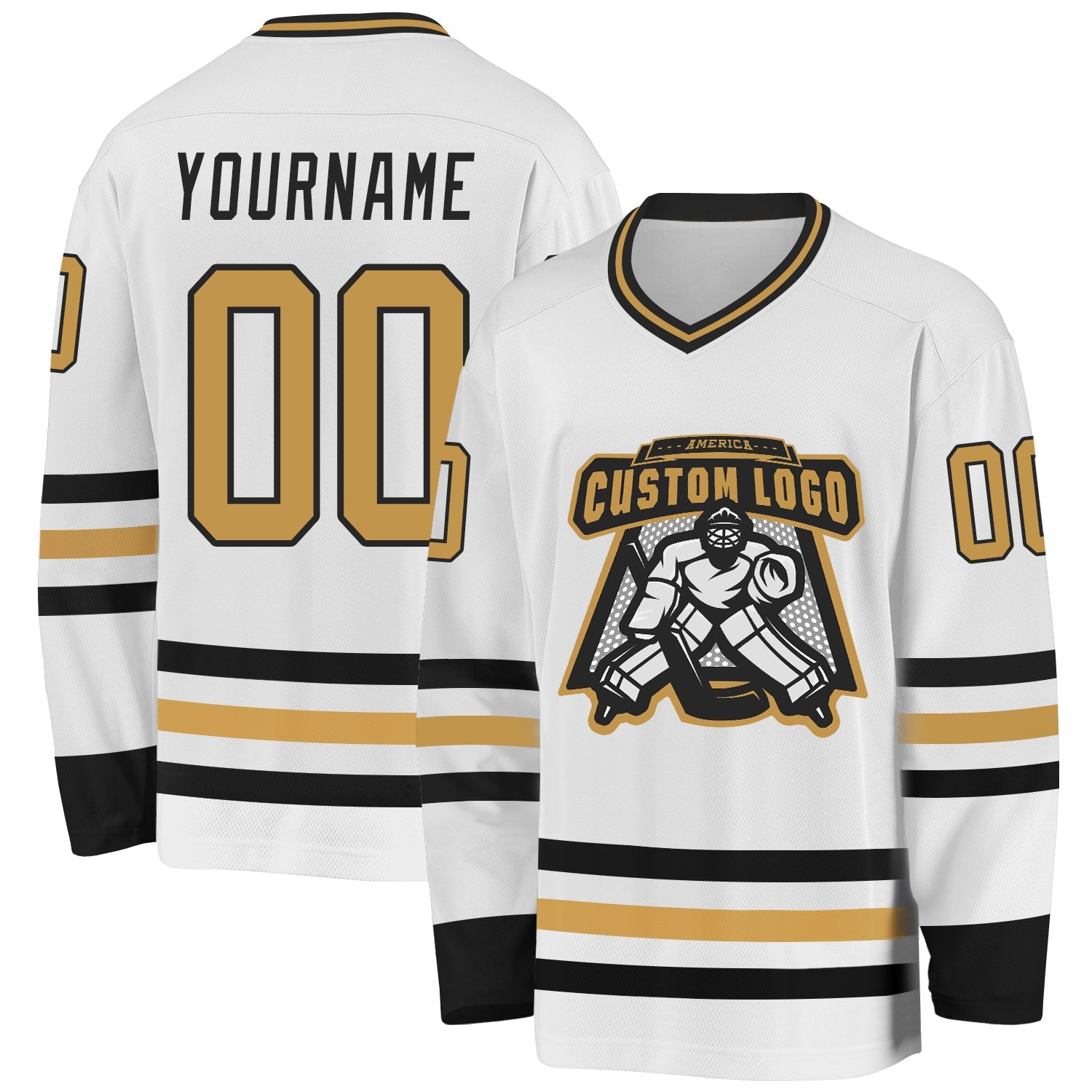 Custom White Old Gold-Black Hockey Jersey view 2