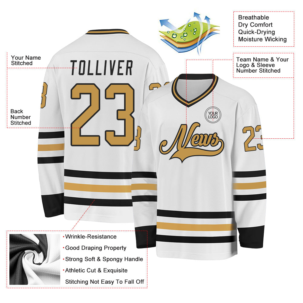 Custom White Old Gold-Black Hockey Jersey view 3