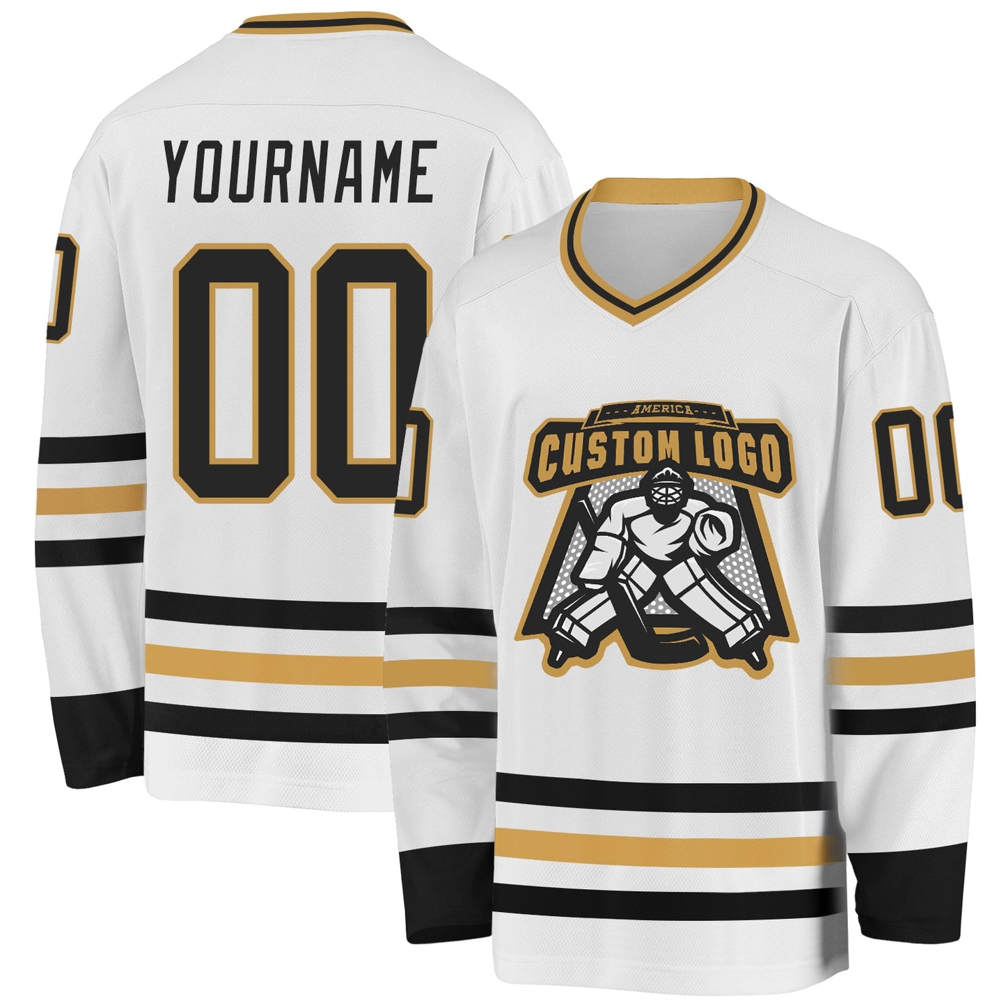 Custom White Black-Old Gold Hockey Jersey view 2