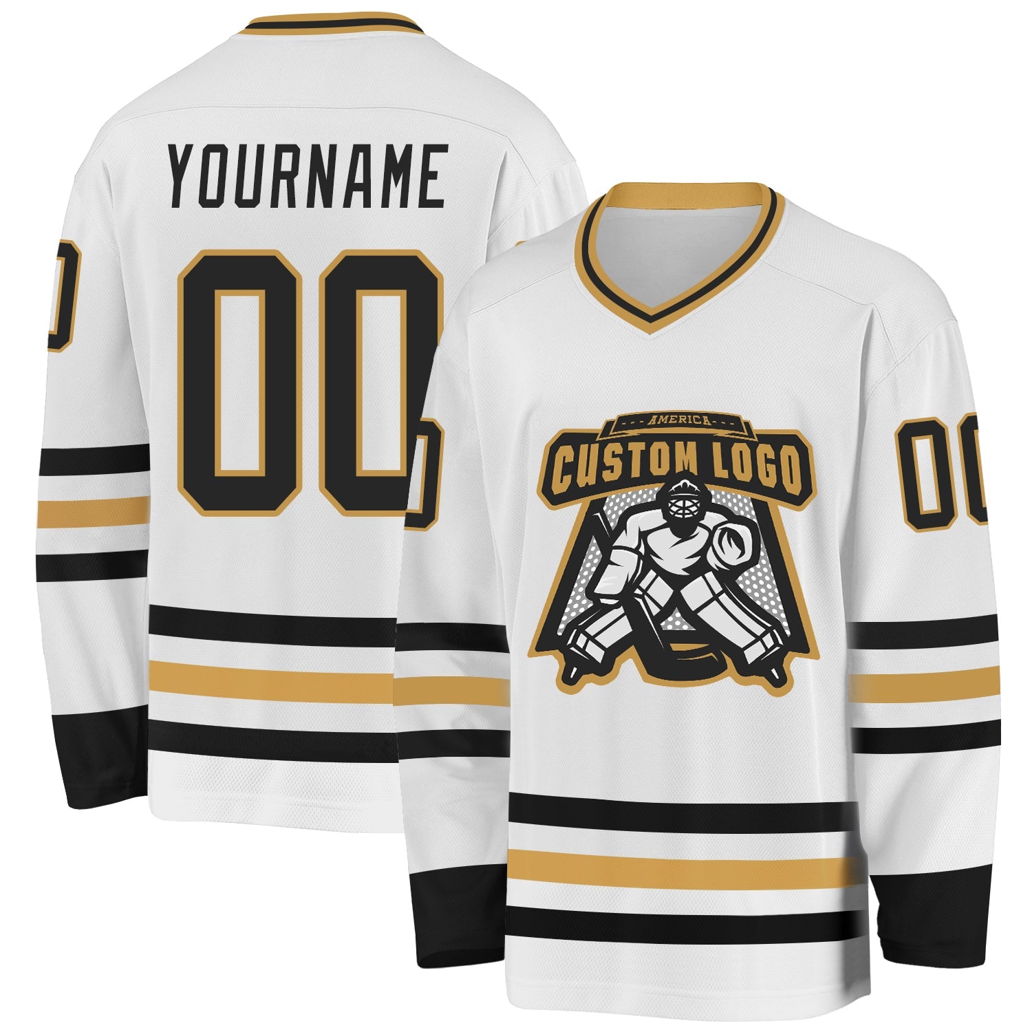 Custom White Black-Old Gold Hockey Jersey view 2